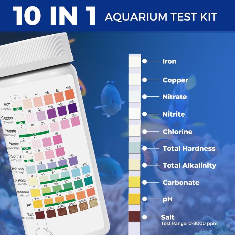 SaySummer Aquarium Test Strips for Saltwater Tank: 10-in-1 125 Counts Salt Water Aquarium Water Test Kit, Fish Tank Test Strips for Testing Salt Chlorine Copper Nitrate pH and More, AQSTTN24 - Image 2